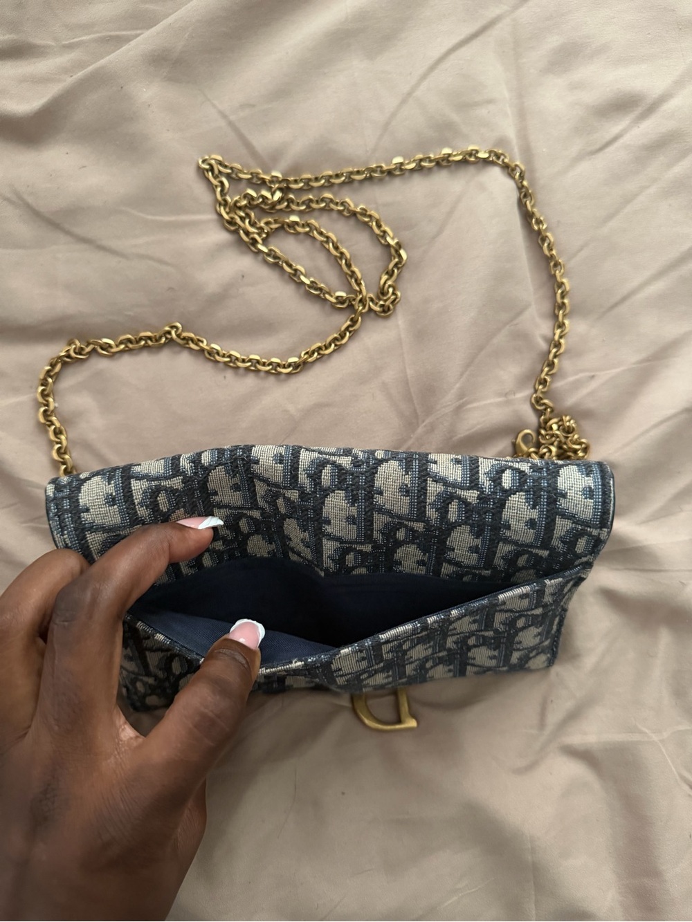 Dior Blue Oblique Canvas Saddle-Style Crossbody with Gold Chain - Picture 8 of 8